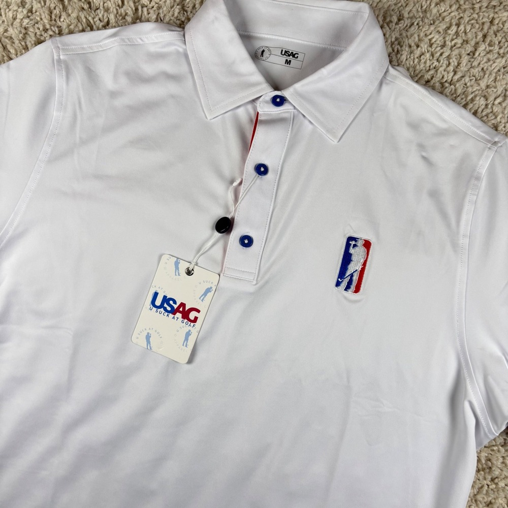 USAG Mens Golf Polo Size M White Performance Stretch Short Sleeve P10-M